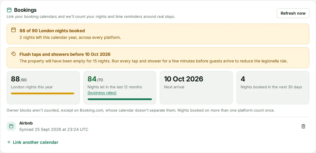 HostSorted bookings panel showing 88 of 90 London nights booked and a reminder to flush the taps before the next arrival