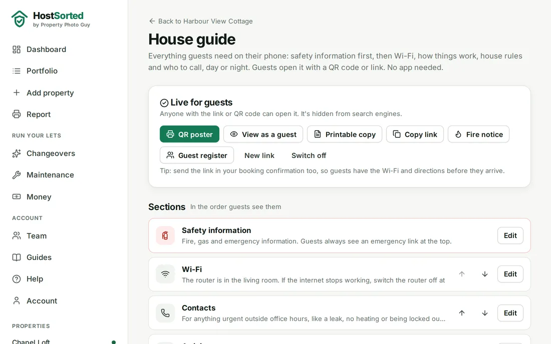 The HostSorted house guide editor listing sections such as Wi-Fi, contacts, arriving and checking out