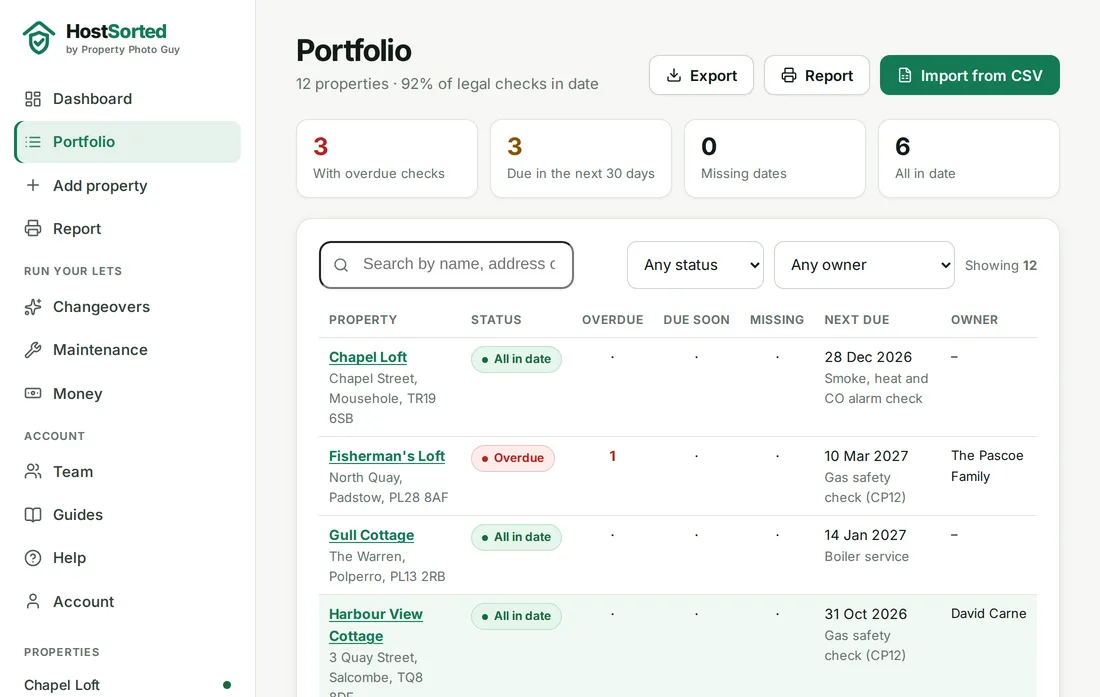 HostSorted portfolio view listing holiday lets with their compliance status, next check due and owner