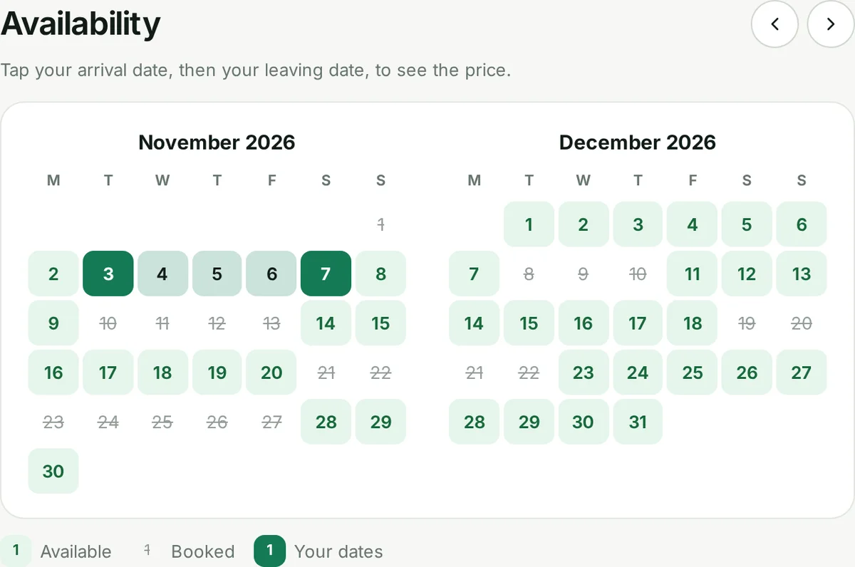 The availability calendar on a property website, with booked nights crossed out and the guest's dates highlighted