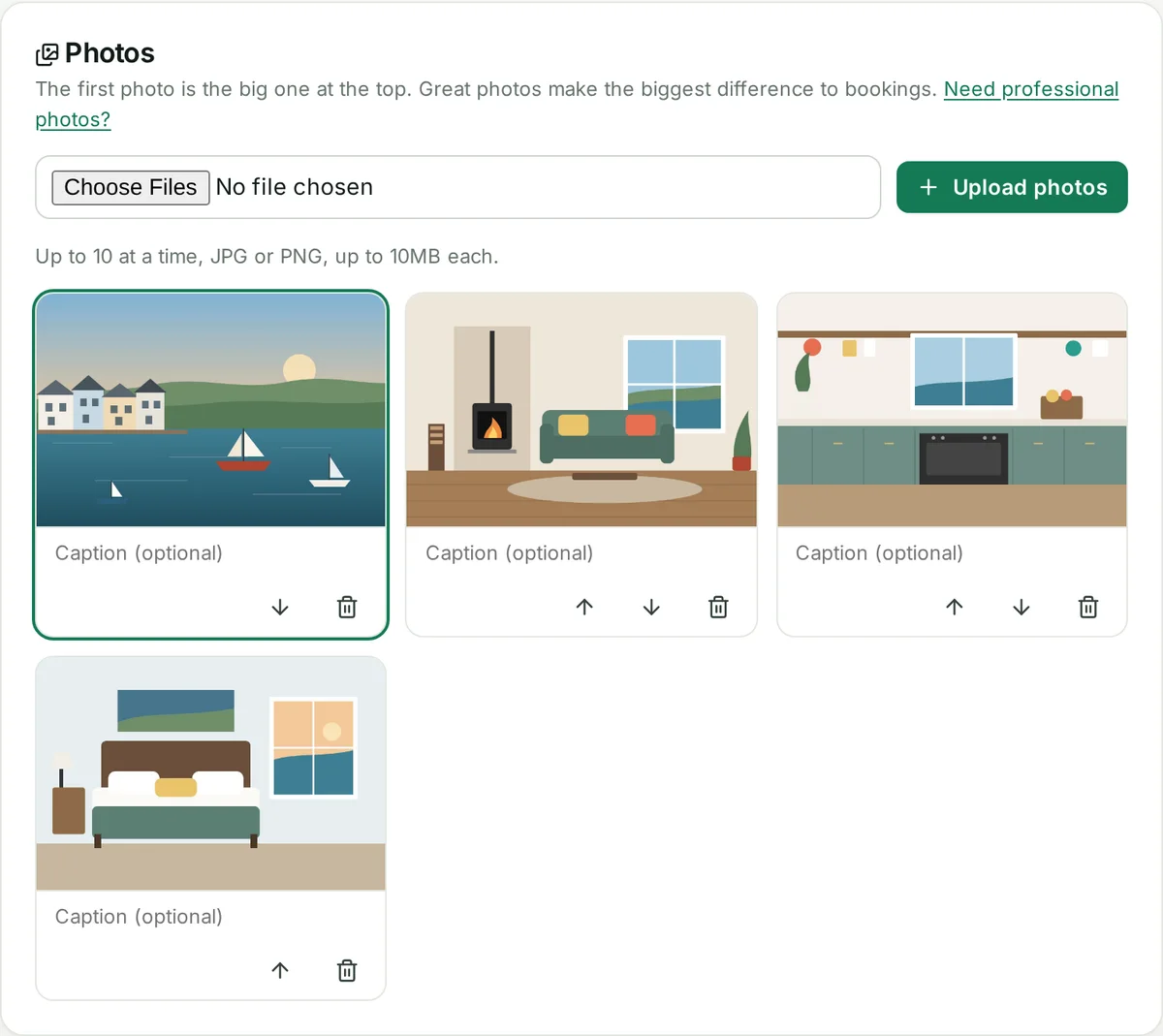 The photo manager for a property website, with the cover photo highlighted and buttons to reorder and caption each photo