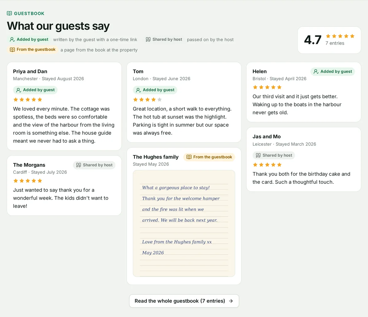 The guestbook section of a property website with a 4.7 star score and entries labelled by source