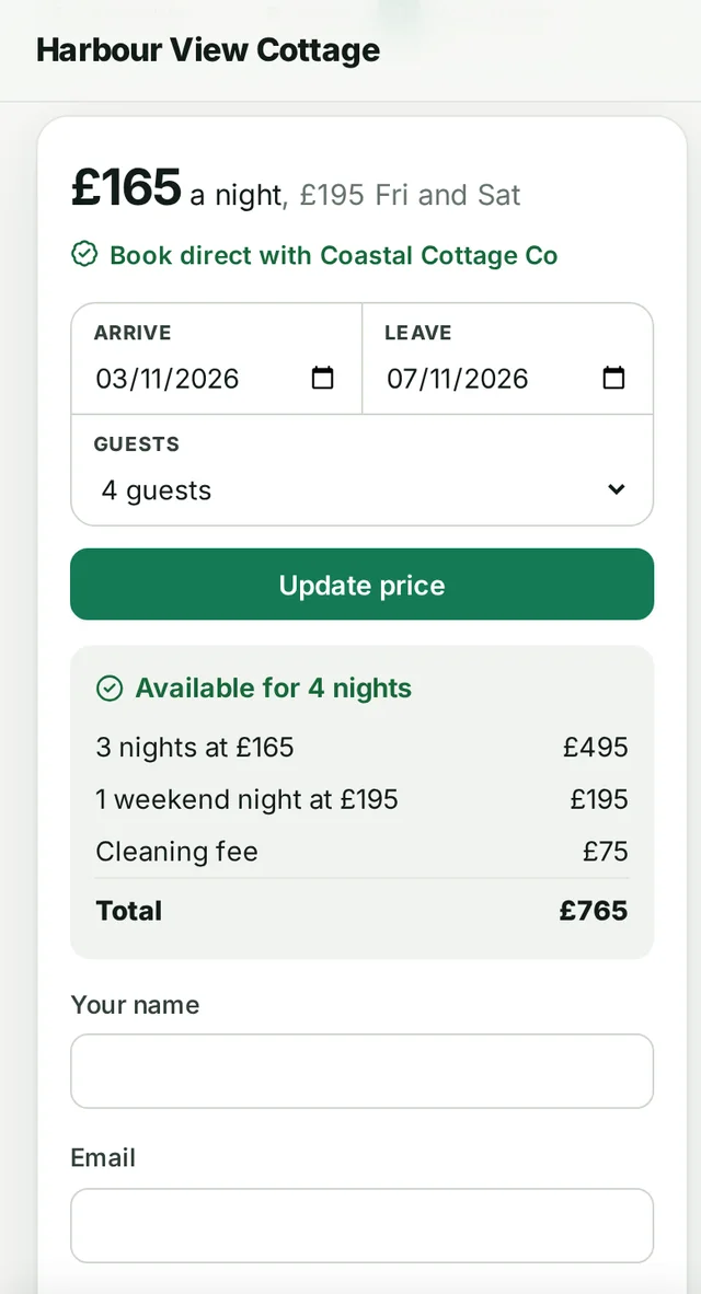 A price quote on a phone: 4 nights, cleaning fee and total, with a request to book form