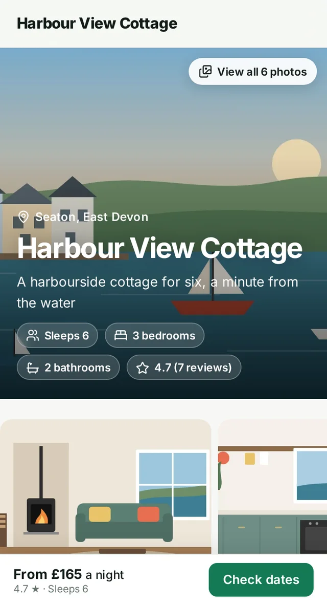 A property website on a phone with a cover photo, property details and a Check dates button