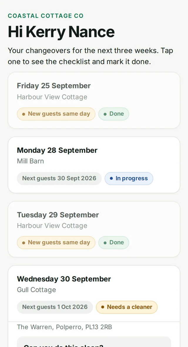 A cleaner’s schedule on a phone showing cleans that are done, in progress and needing a cleaner