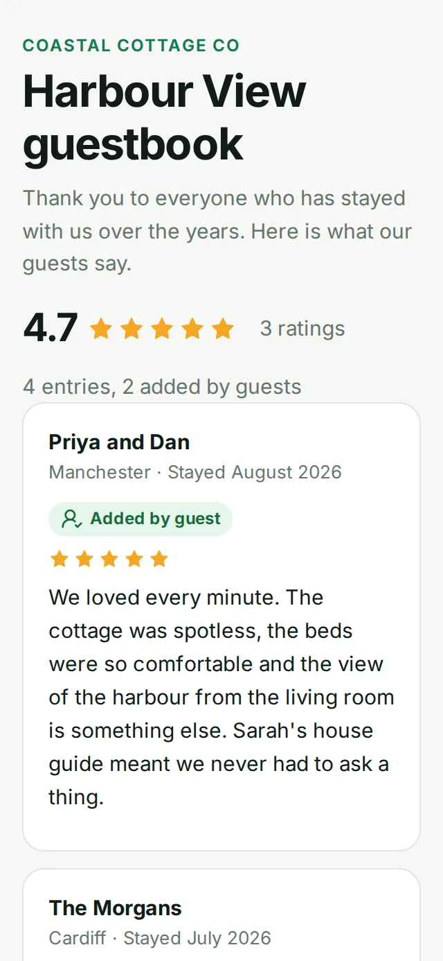 A HostSorted guestbook page on a phone with a 4.7 star average and entries marked Added by guest, Shared by host and From the guestbook