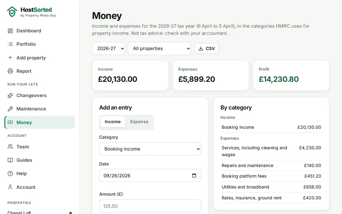 HostSorted money page showing income, expenses and profit for the tax year with totals by category