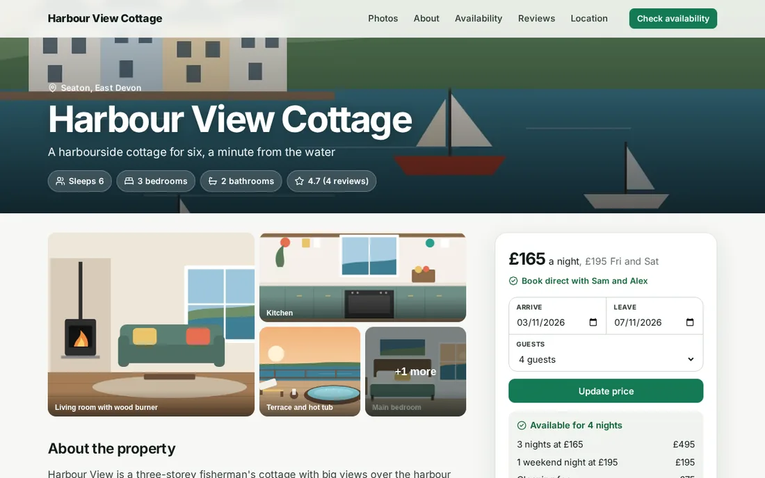 A HostSorted property website for Harbour View Cottage with photos, amenities, a price quote and an availability calendar